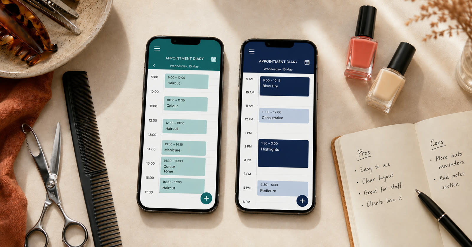 Two smartphones side by side on a salon table showing generic appointment diary apps, one teal and one navy, next to scissors, a comb, nail polish and a handwritten pros and cons list